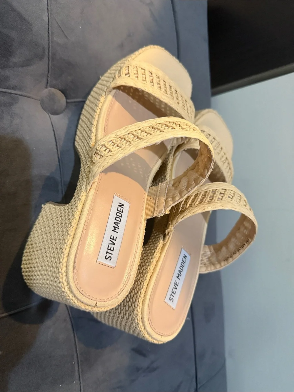 Steve Madden Tan Woven Platform Double-Strap Heels